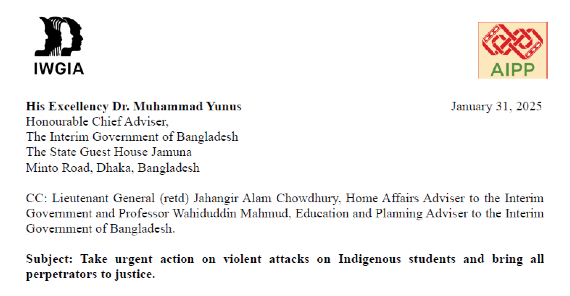 A letter to Chief Adviser, Interim Government of Bangladesh to take urgent action on violent attacks on Indigenous students