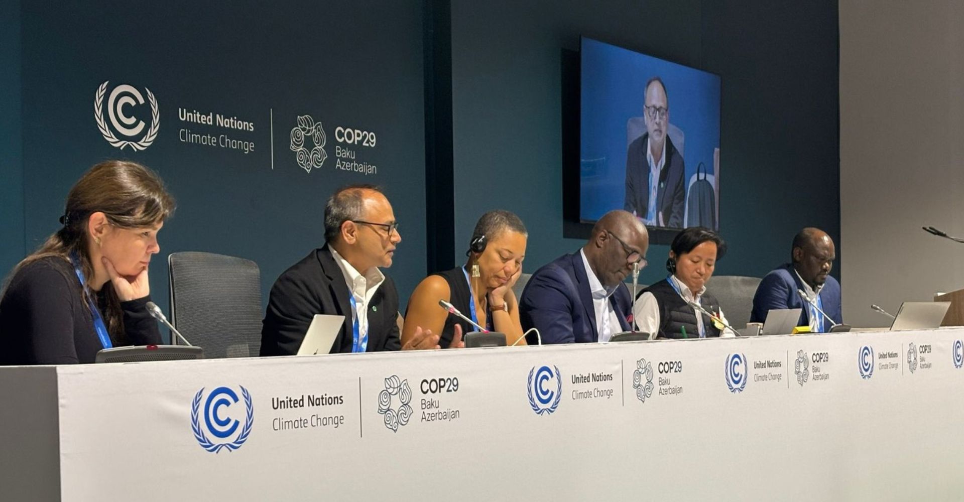 COP 29 side event organised by IWGIA and partners. From left to right: Co-chair of IIPFCC, Daria Egereva; Alternate board member of FRLD for Nepal, Maheshwar Dhakal; board member of FRLD for Canada, Laurence Ahoussou; Executive Director of the FRLD, Ibrahima Cheikh Diong; member of the Indigenous Peoples Advisory Group of the Green Climate Fund, Tunga Bhadra Rai; and Indigenous representative of the Santiago Network of Loss and Damage, Gideon Sanago